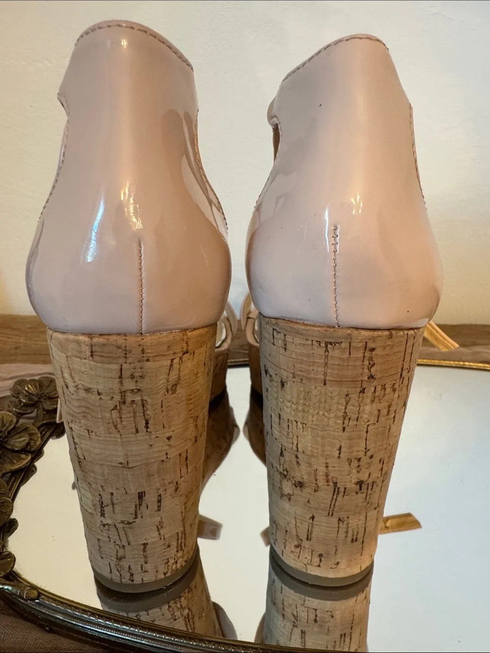 Jessica Simpson Pastel Pink Patent Cork Wedge Strappy Sandals